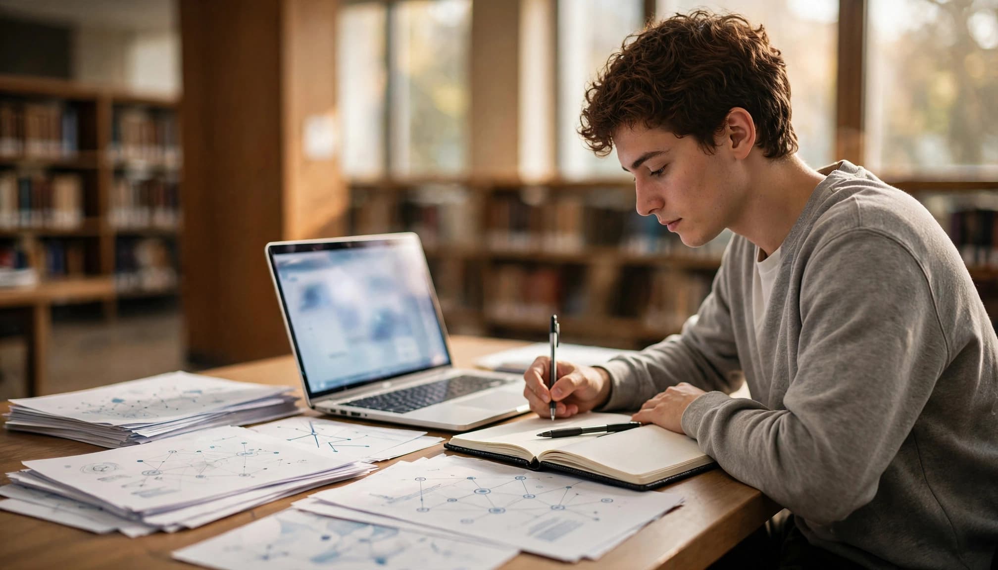 A student studies with a laptop, notes, and notebook at a sunlit library desk.