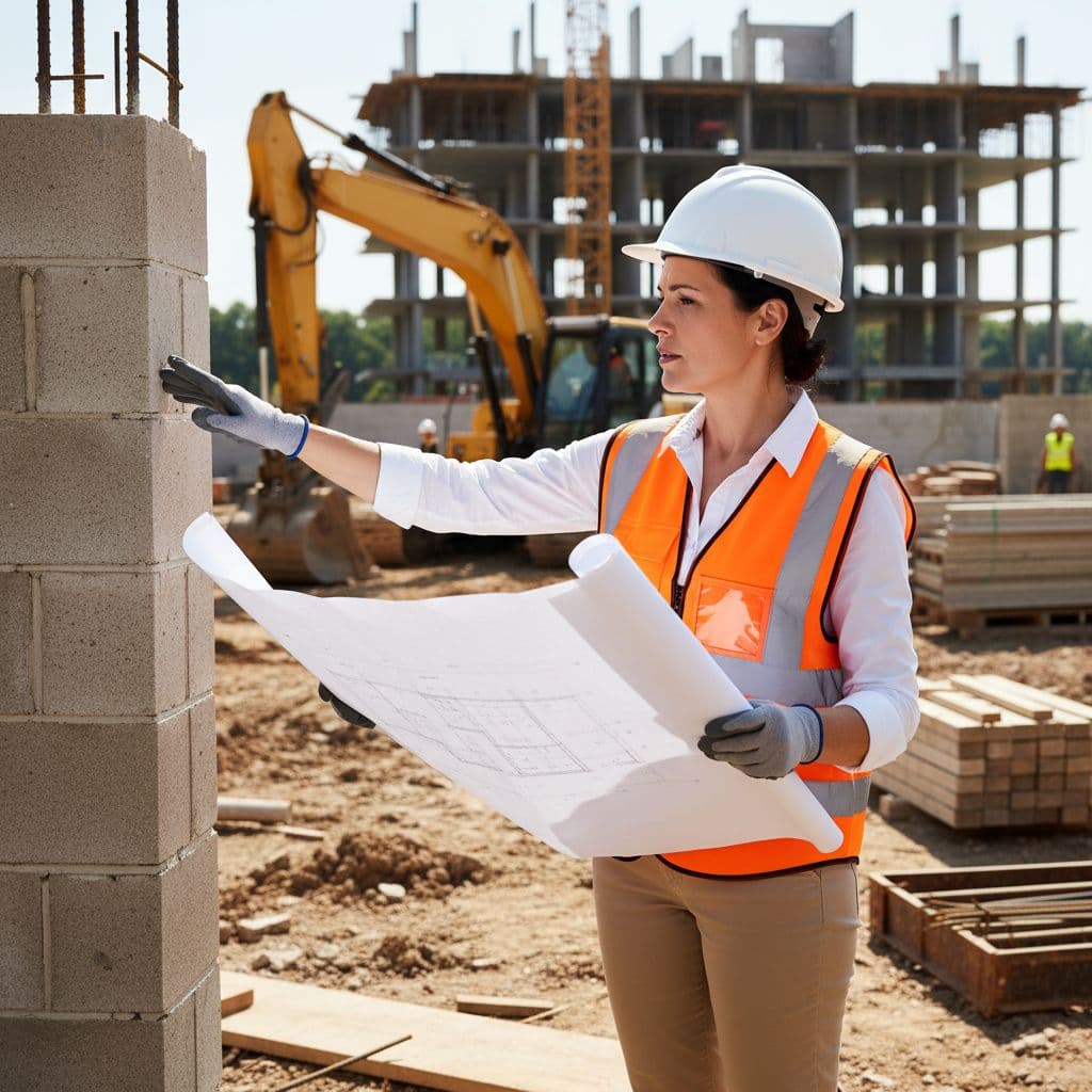 Architect in safety vest and hard hat stands on construction site, reviewing blueprints and gesturing to partially built wall.