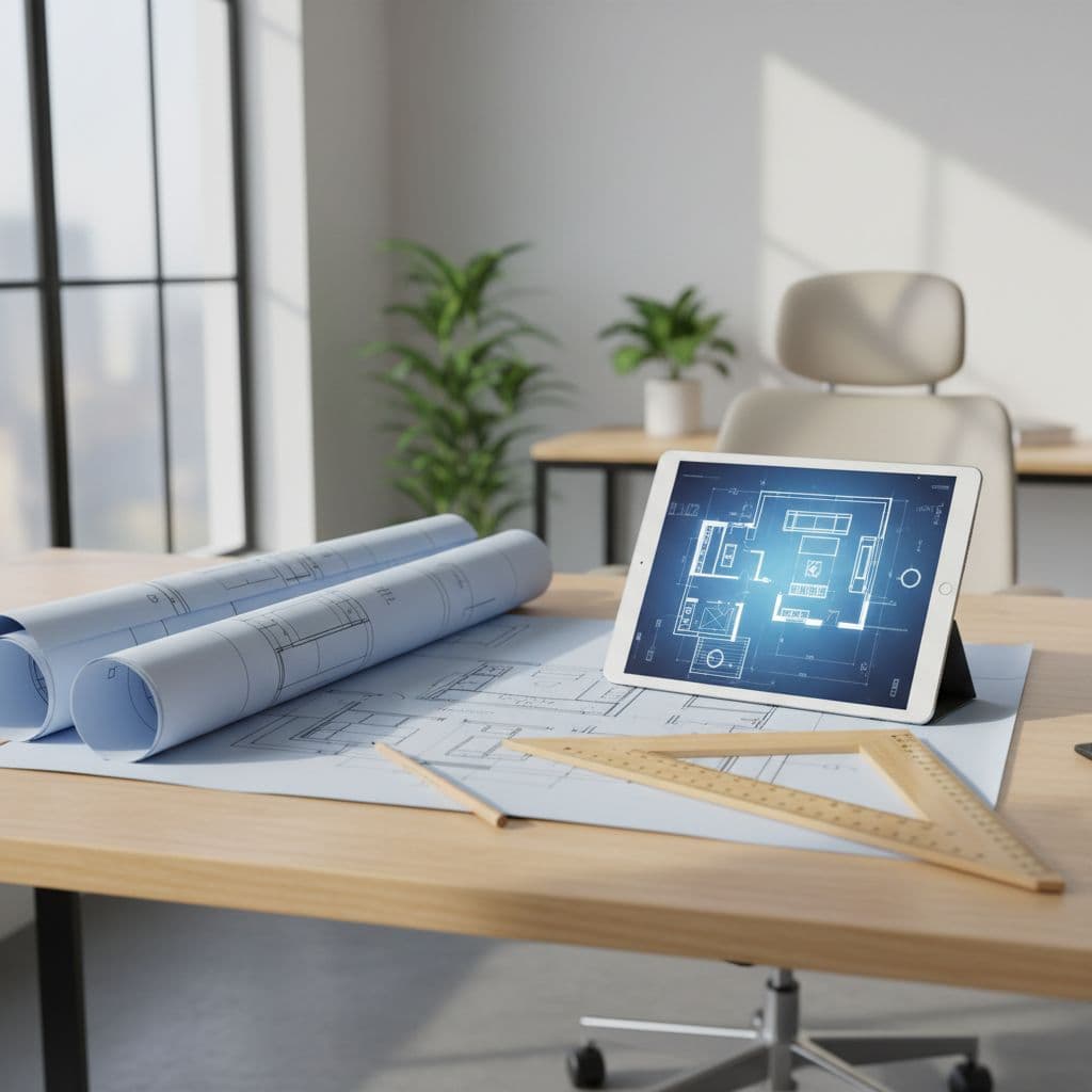 Bright desk holds rolled blueprints, pencil, wooden scale ruler, and tablet with floor plan, lit by window daylight.