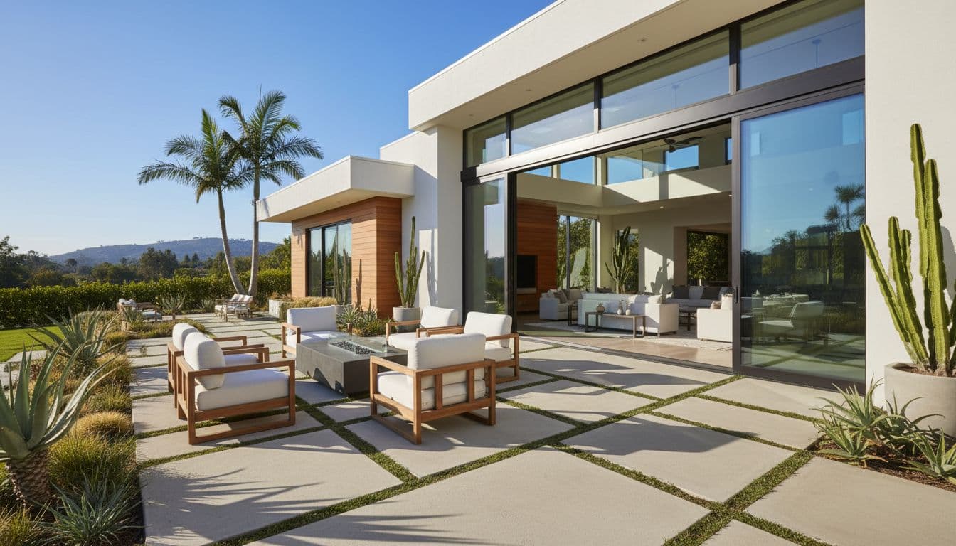 Modern home with large sliding glass door to sunny patio featuring plants and lounge chairs.