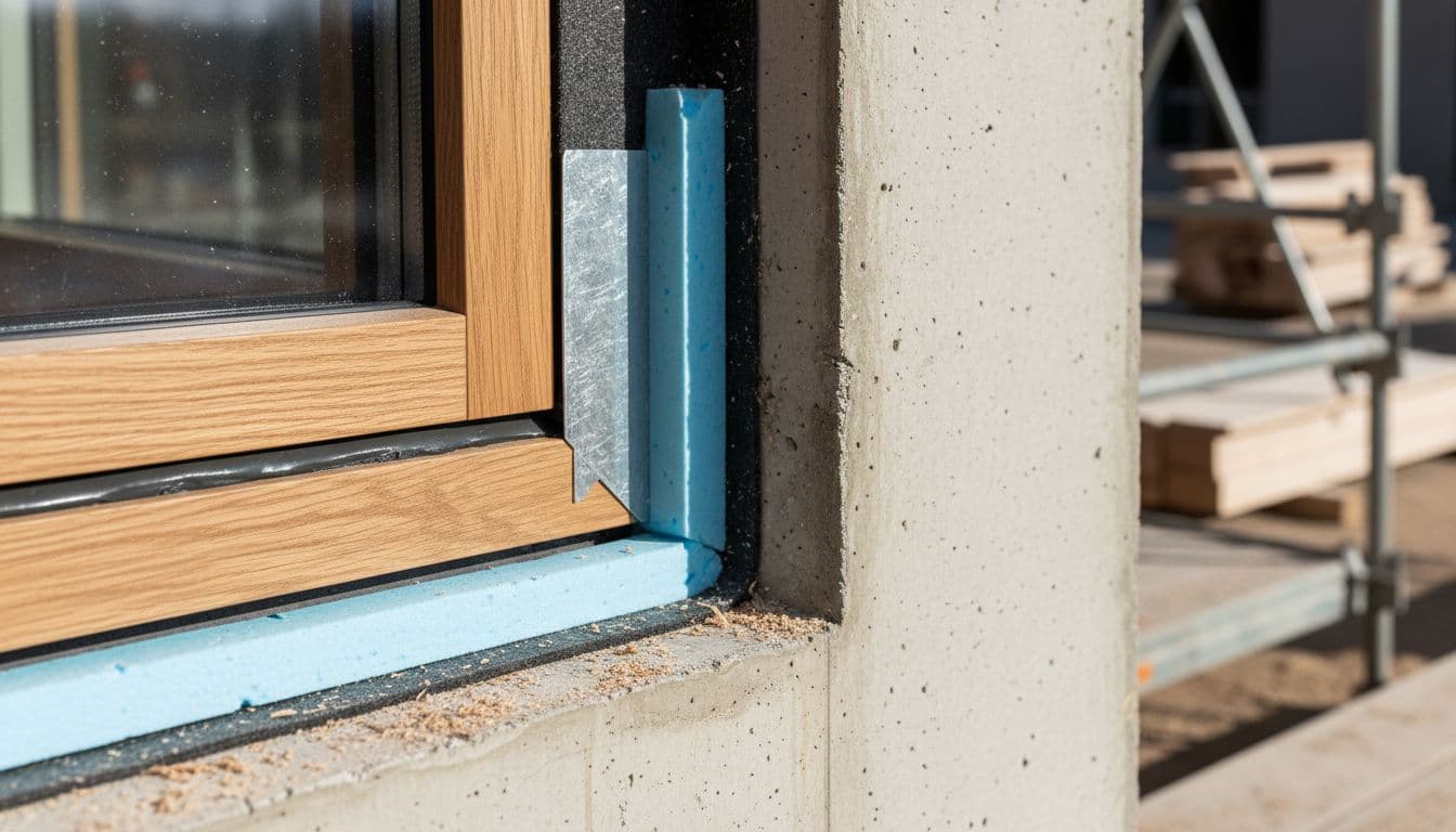 Close-up of wall-window frame joint with proper flashing and insulation, showing wood and metal textures in daylight.