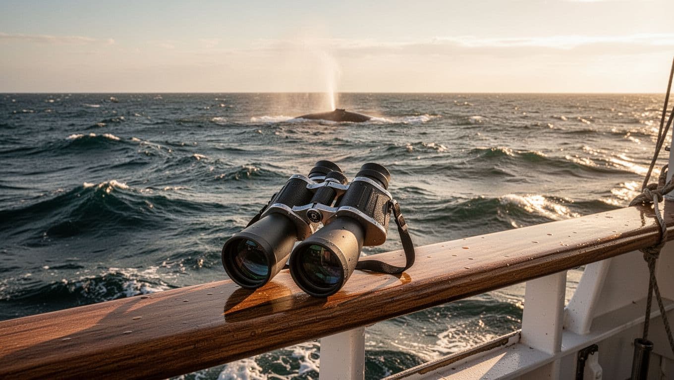7x50 waterproof binoculars on wooden boat railing overlook choppy Pacific Ocean with distant whale spout at golden hour.