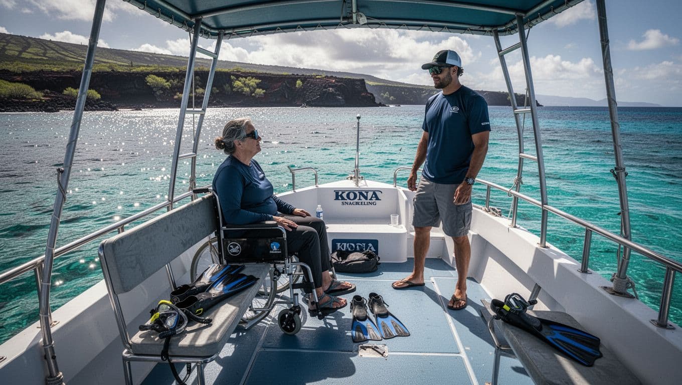 Traveler seated on a boat bench with a guide, stored snorkeling gear, and volcanic coast.