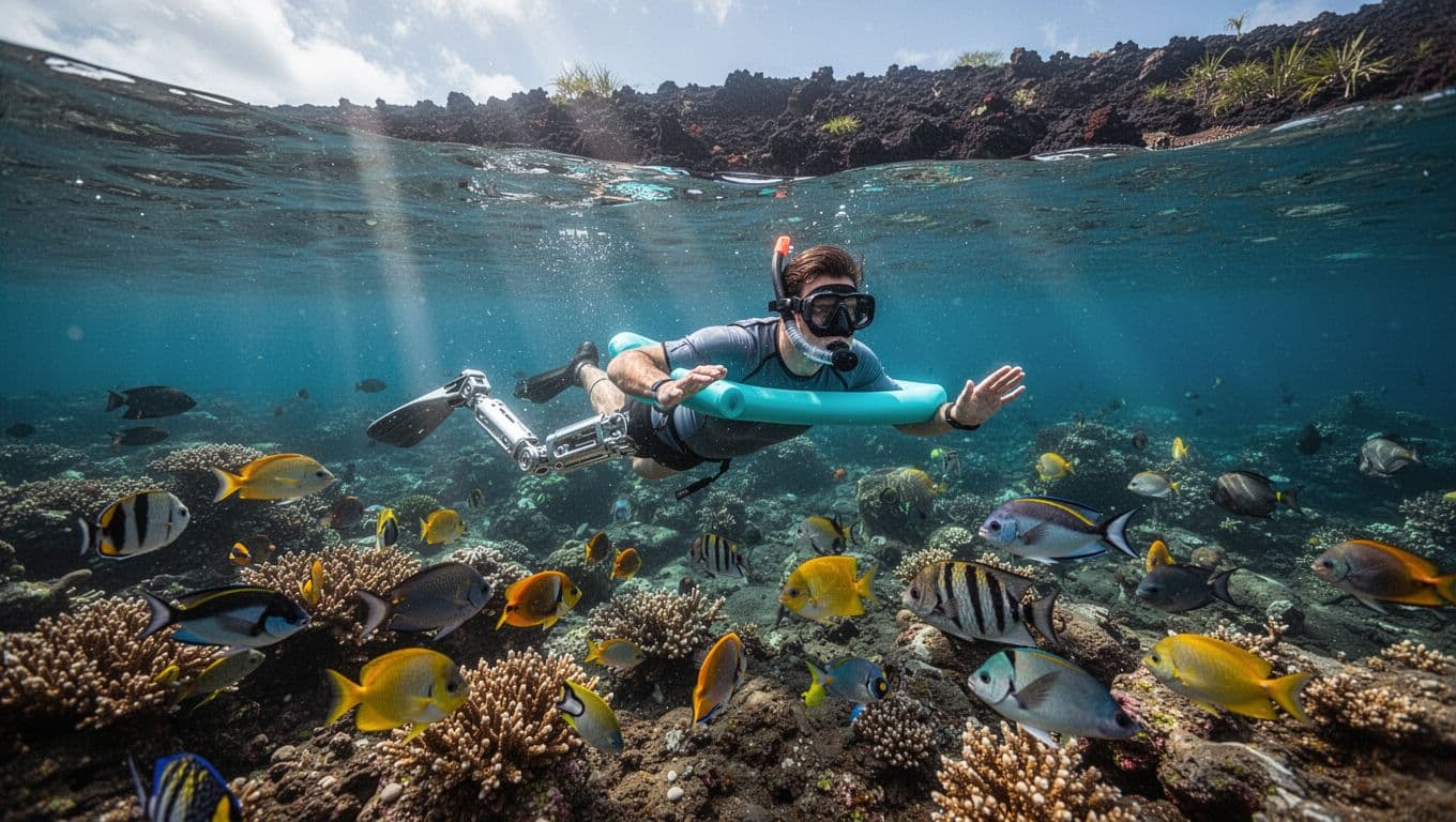 A snorkeler with a prosthetic limb floats above coral and tropical fish in clear Hawaiian water.