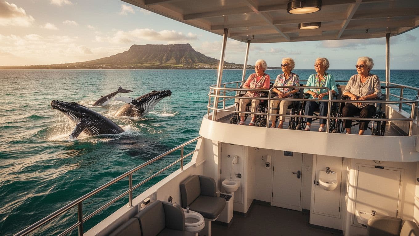 Two adult humpback whales and a calf breaching near a stable double-decker tour boat off Waikiki coastline, with four diverse seated passengers including seniors using mobility aids on the shaded upper deck, Diamond Head in background, golden hour lighting.