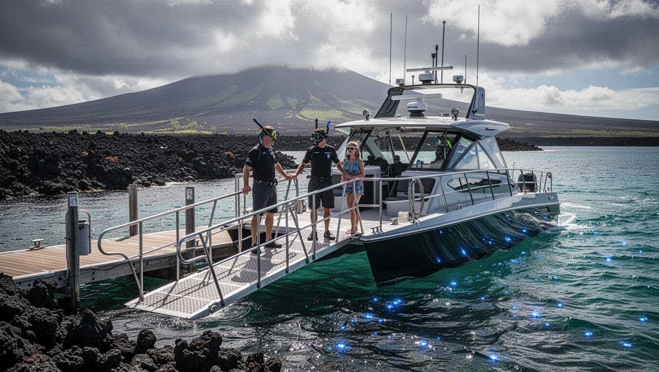 Modern snorkel boat with wide stable ramp for limited mobility guests boarding easily from dock to deck on calm turquoise Kona coast waters amid black lava rocks and volcano peaks.
