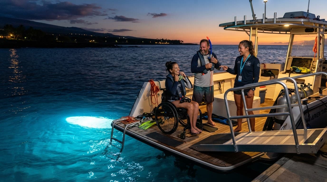 A wheelchair user, companion, and guide prepare on a boat beside an accessible ramp under cyan-lit water.