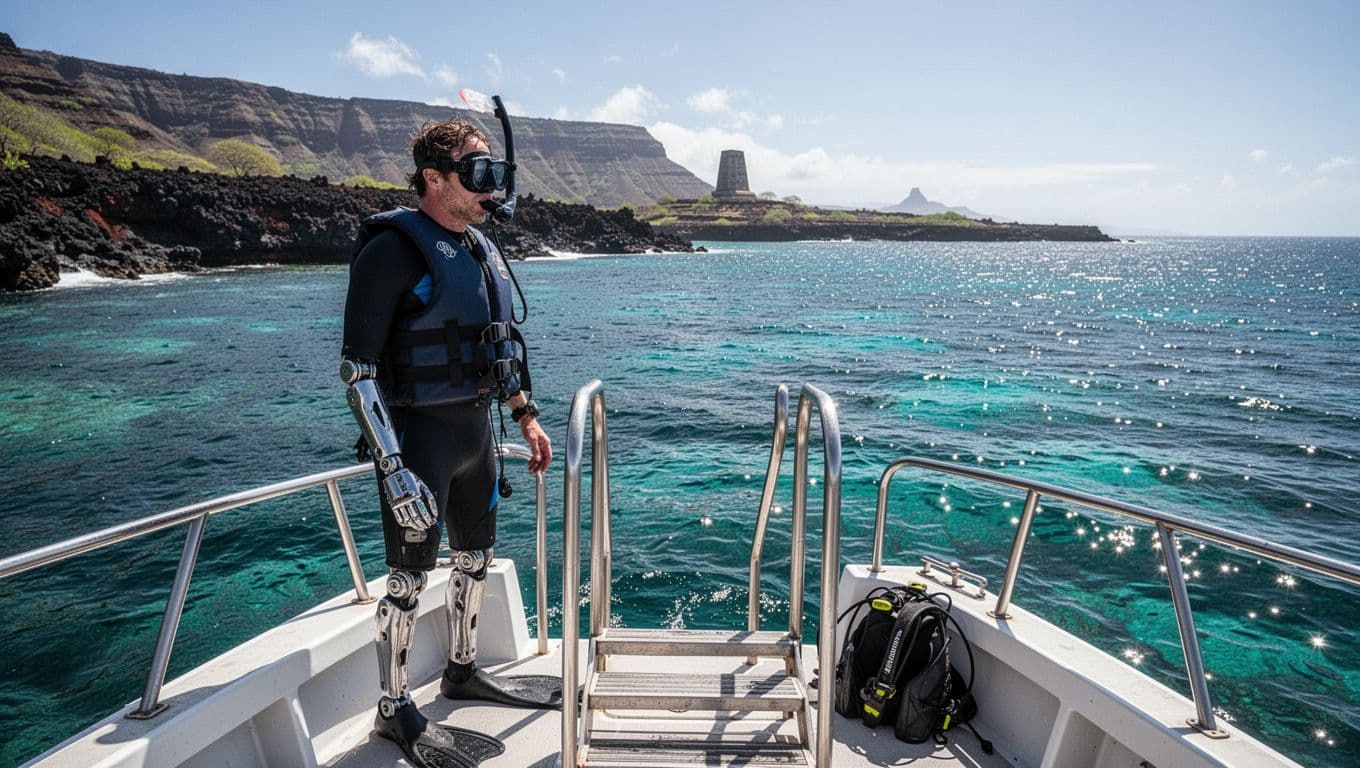 An adult snorkeler with a prosthetic limb sits by a boat ladder with a vest and mask.