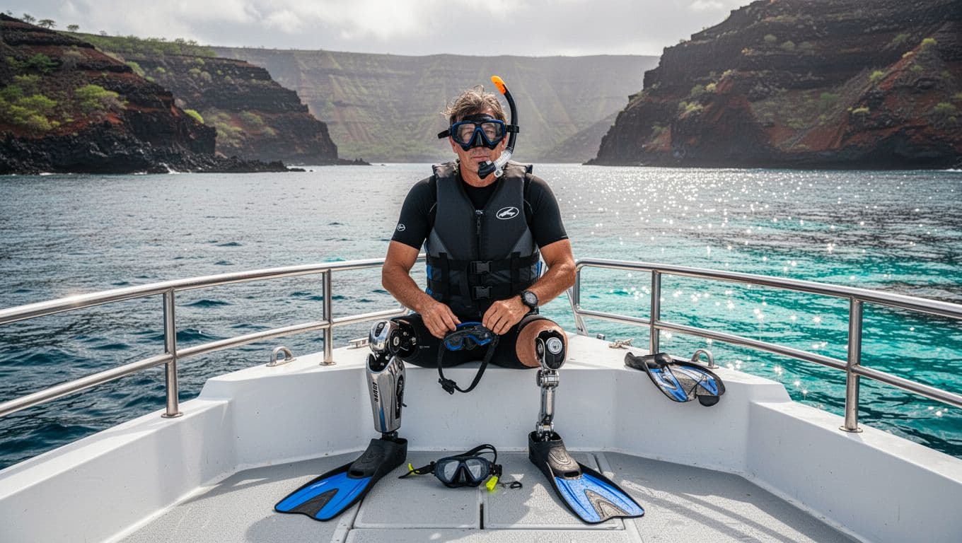 An adult snorkeler with a visible prosthesis prepares gear on a boat in Kealakekua Bay.