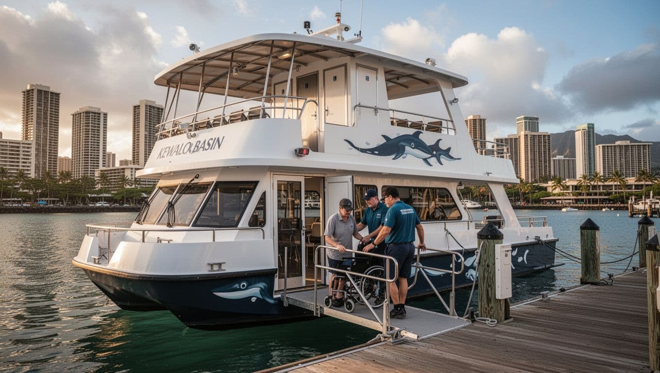 Double-decker whale watching boat at Kewalo Basin Harbor near Waikiki features easy boarding ramp and wide doorways for limited mobility access, with two crew members assisting one guest with mobility aid amid calm waters and Honolulu skyline.