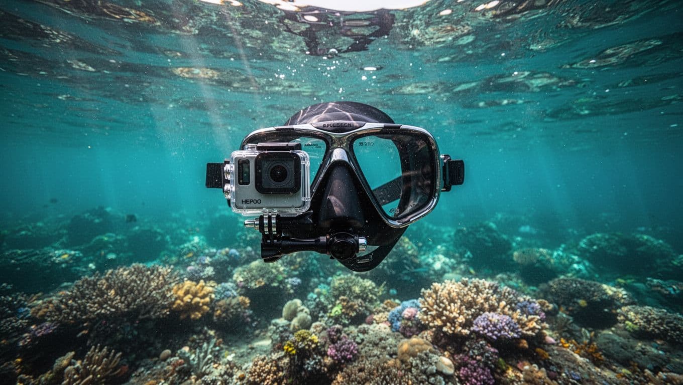 An action camera mounted on a diving mask floating above a turquoise reef.