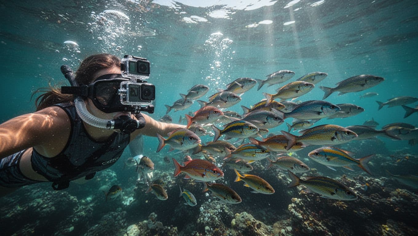 Action camera on snorkel mask films colorful fish school in clear Kona waters with rising bubbles.
