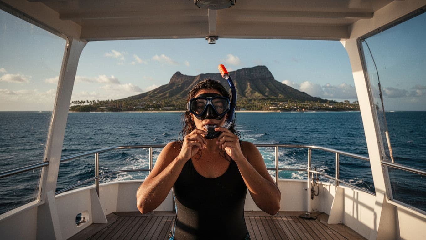 A person on the deck of a double-decker boat off Waikiki, Oahu, casually adjusting their snorkel mouthpiece before entering the water, with a relaxed posture, ocean horizon, and Diamond Head in the background.
