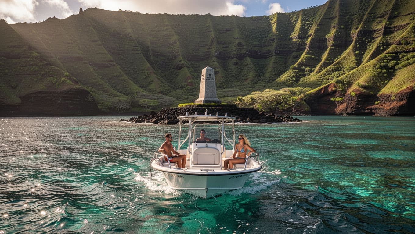 A small adventure boat approaches Kealakekua Bay on Hawaii's Big Island, with the Captain Cook Monument visible on the distant rocky shore amid sparkling turquoise waters and towering green volcanic cliffs under golden hour light.