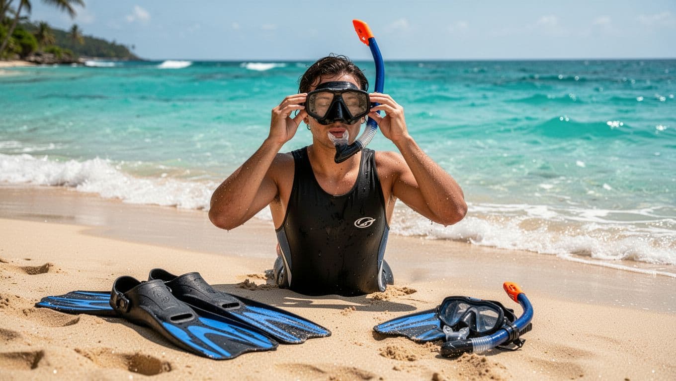 Solo adventurer adjusts prescription snorkel mask on sunny tropical beach, fins and gear on sand nearby.