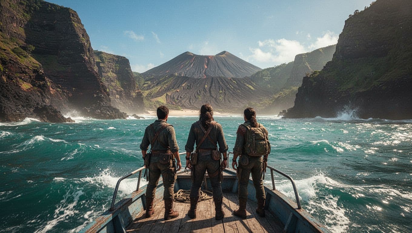 Small group of three adventurers on a boat approaching Kealakekua Bay with volcanic cliffs and ocean waves on a sunny day with clear skies, cinematic style.