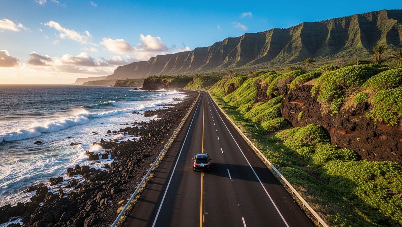 Aerial perspective of the scenic coastal highway on Big Island, Hawaii, from Mauna Lani towards Kona, with ocean waves on lava rocks and lush green cliffs under golden hour lighting.
