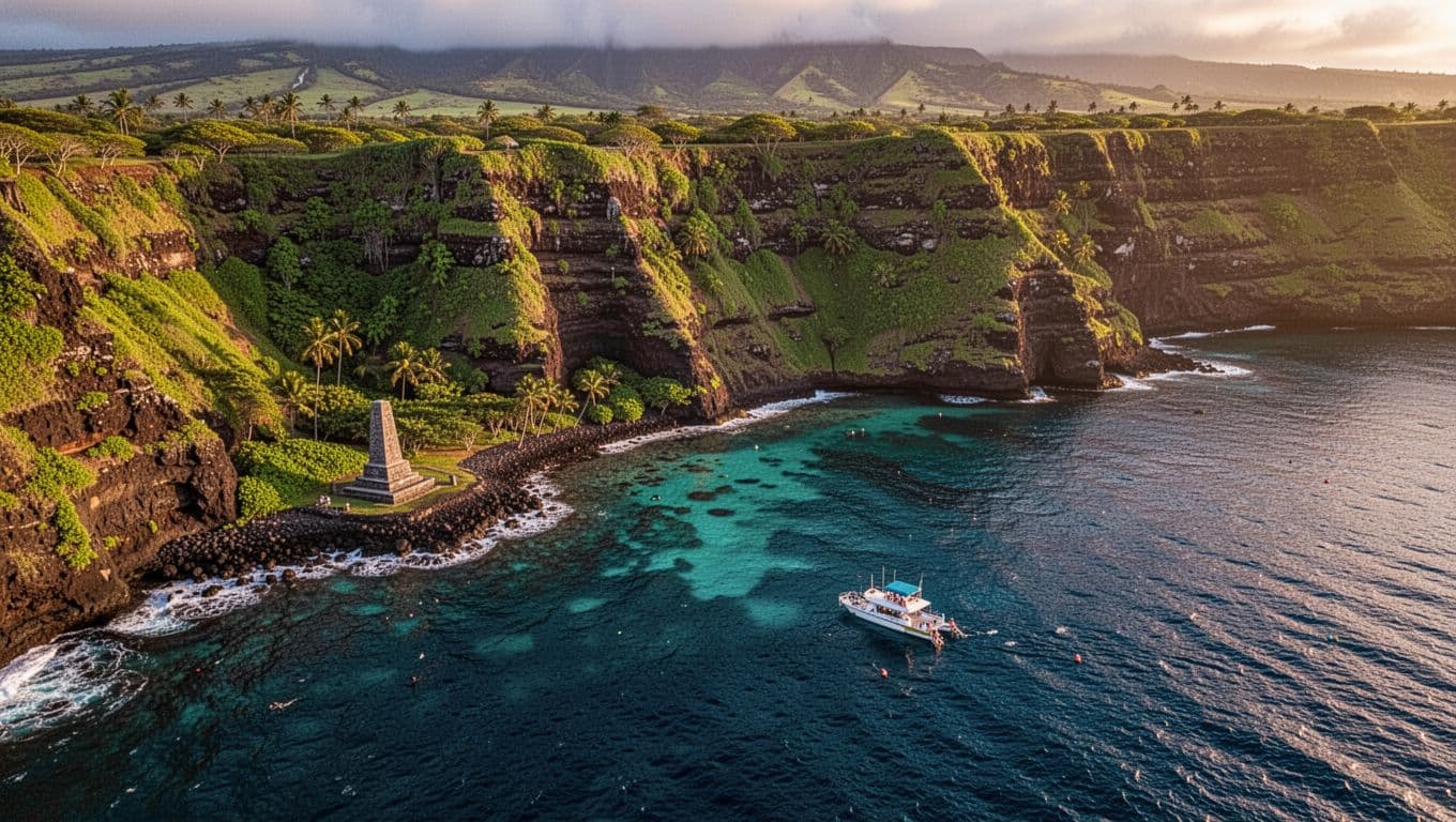 Aerial view of Kealakekua Bay on Hawaii's Big Island, with lush green cliffs dropping into deep blue ocean, historic Captain Cook Monument on shore, and a snorkel boat anchored offshore in golden hour lighting.