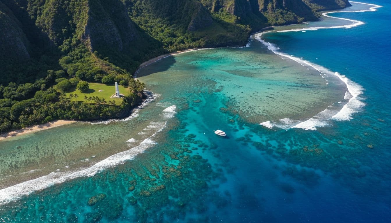 Aerial view of Kealakekua Bay with Captain Cook Monument on shore, clear blue waters revealing reefs, snorkel boat offshore, and green cliffs.