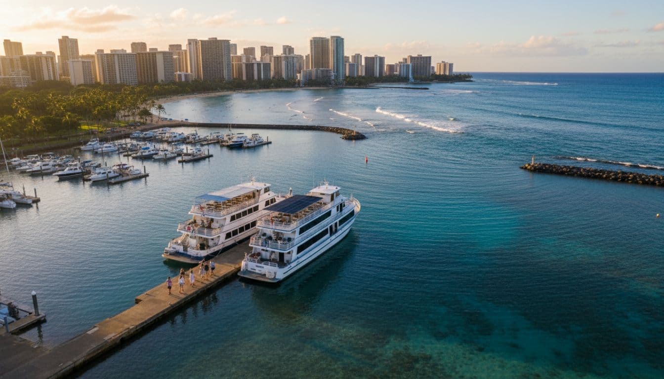 Aerial drone photo of Kewalo Basin Boat Harbor in Honolulu at late afternoon transitioning to sunset, with docked boats including a double-decker tour vessel, Waikiki skyline and beach in the background, clear blue water, and exactly six people boarding a boat.