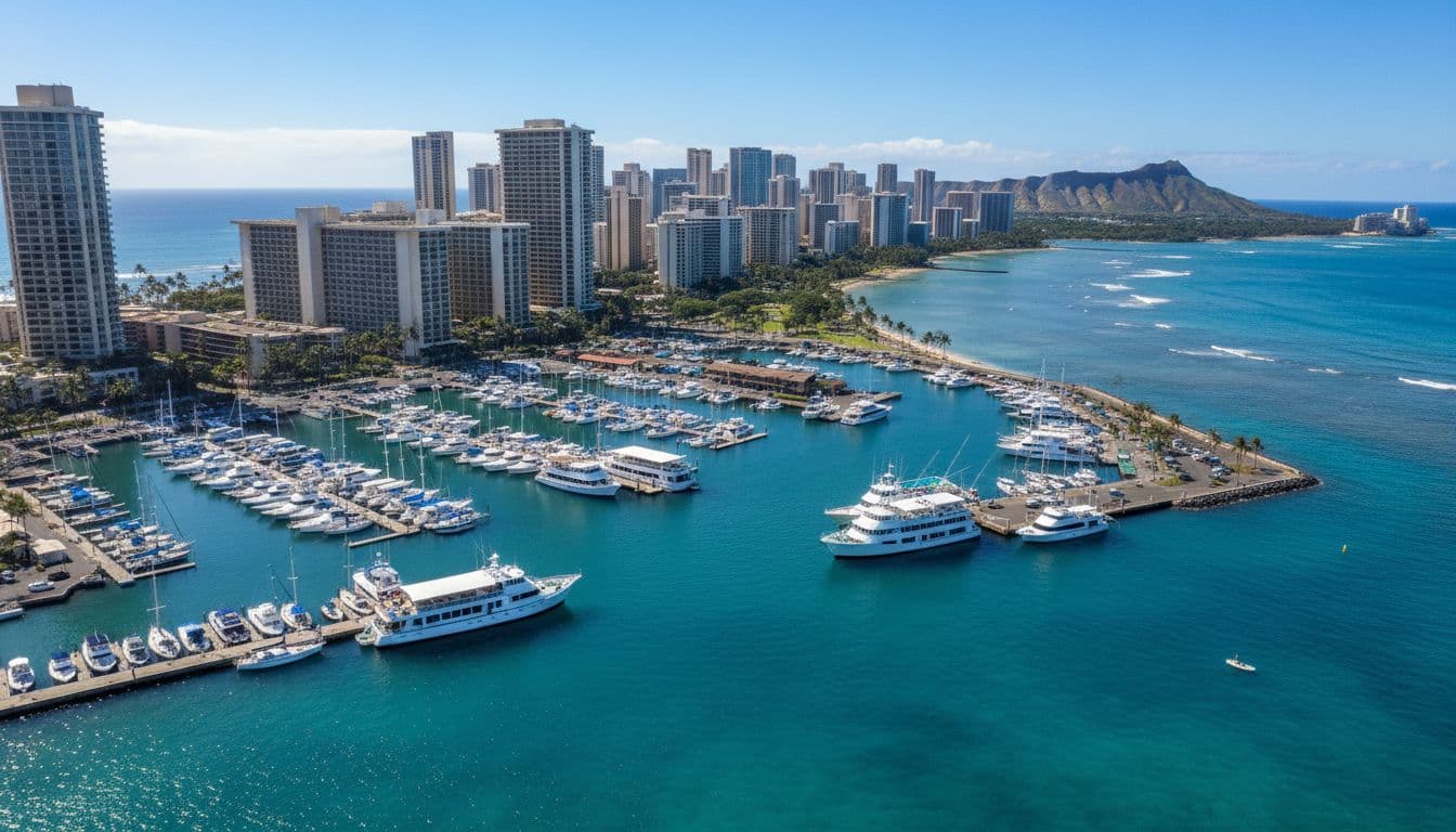 Aerial perspective of Kewalo Basin Boat Harbor in Honolulu with docked boats, calm ocean waters, and Waikiki hotel skyline under bright sunny skies.