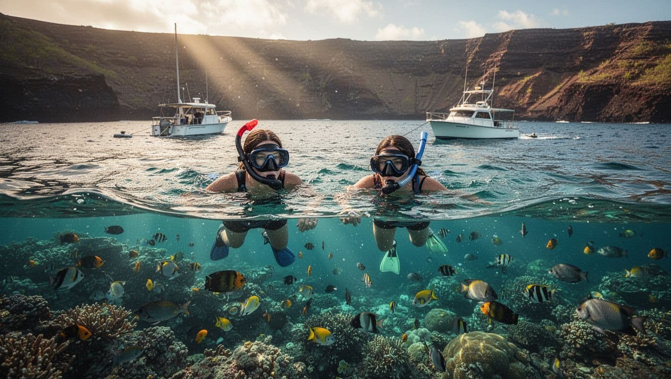 Two snorkelers float relaxed on the warm turquoise ocean surface off Kona, Big Island, Hawaii, in golden hour light. Sunlight rays reveal vibrant coral reefs and tropical fish below, with a nearby boat and volcanic cliffs.