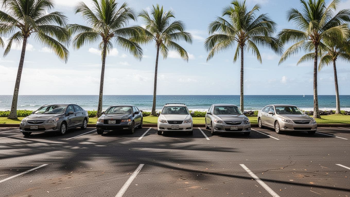 Spacious free parking lot at Ala Moana Beach Park in Honolulu Hawaii with ocean views palm trees and exactly five cars parked bright daylight cinematic style perfect for snorkel adventures.