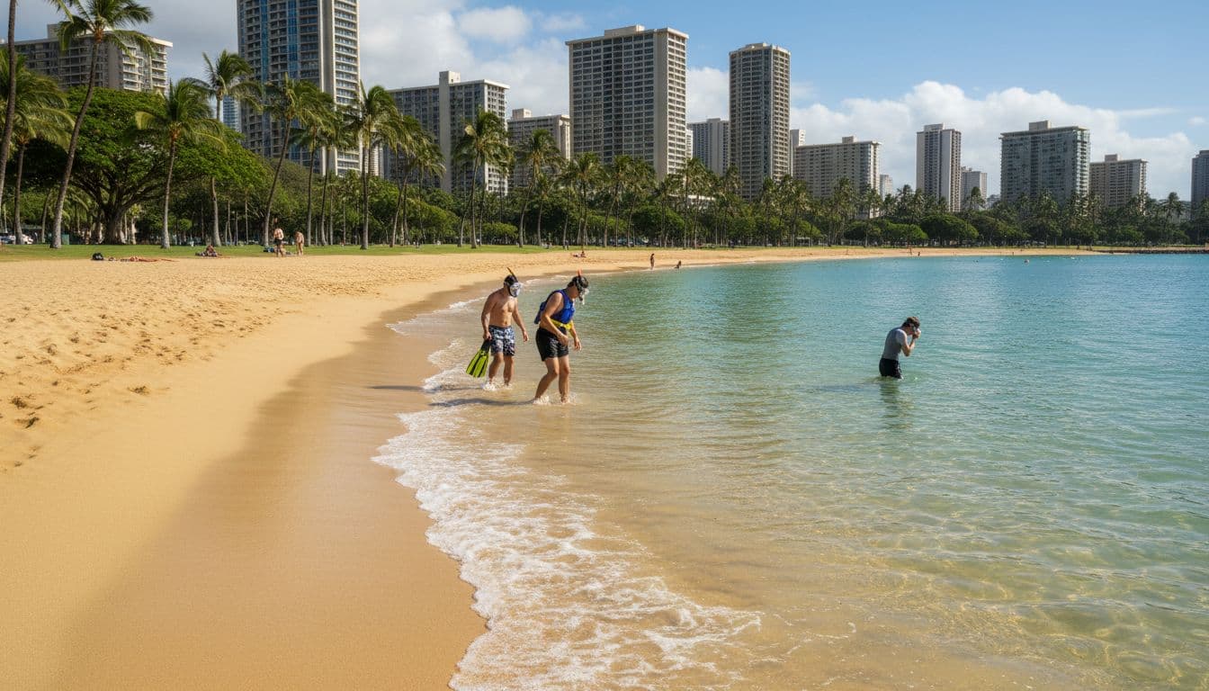 Three people with snorkel gear enter calm waters at Ala Moana Beach Park, green lawns and high-rises nearby.