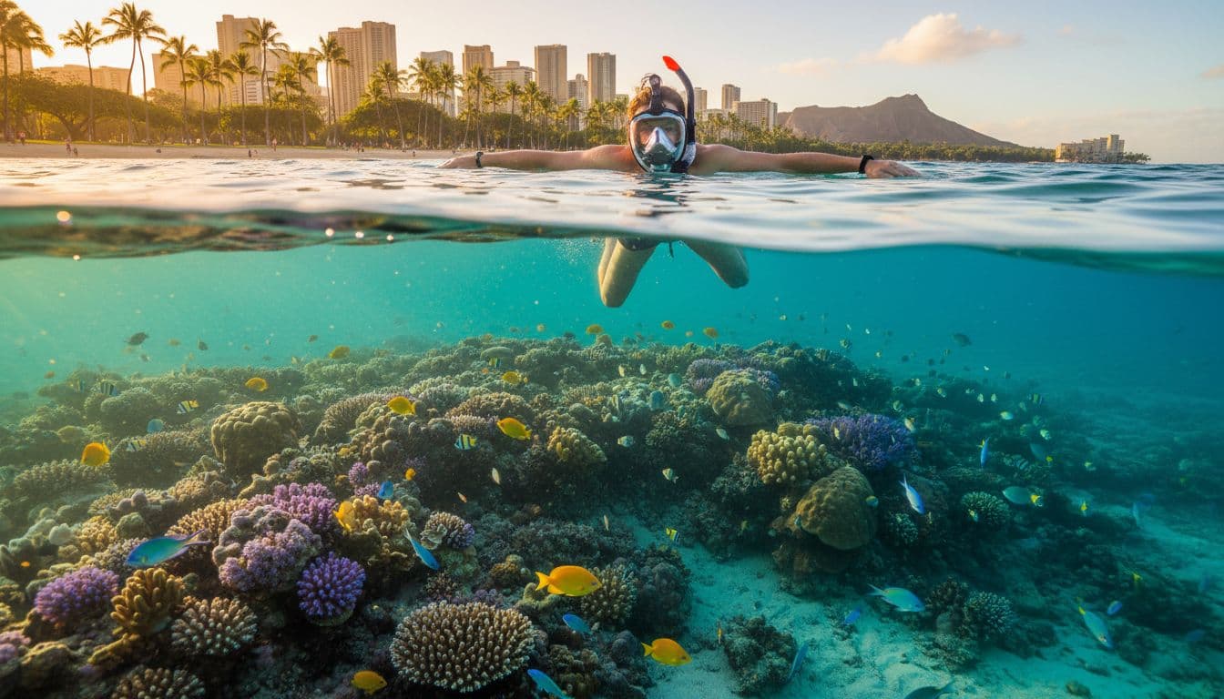 Snorkeler floats face down in shallow turquoise water over coral and fish, palms and skyline behind.