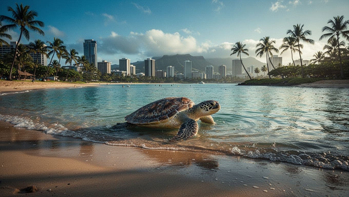 Hawaiian green sea turtle surfaces near shore in calm lagoon at Ala Moana beach with palms and distant skyline.