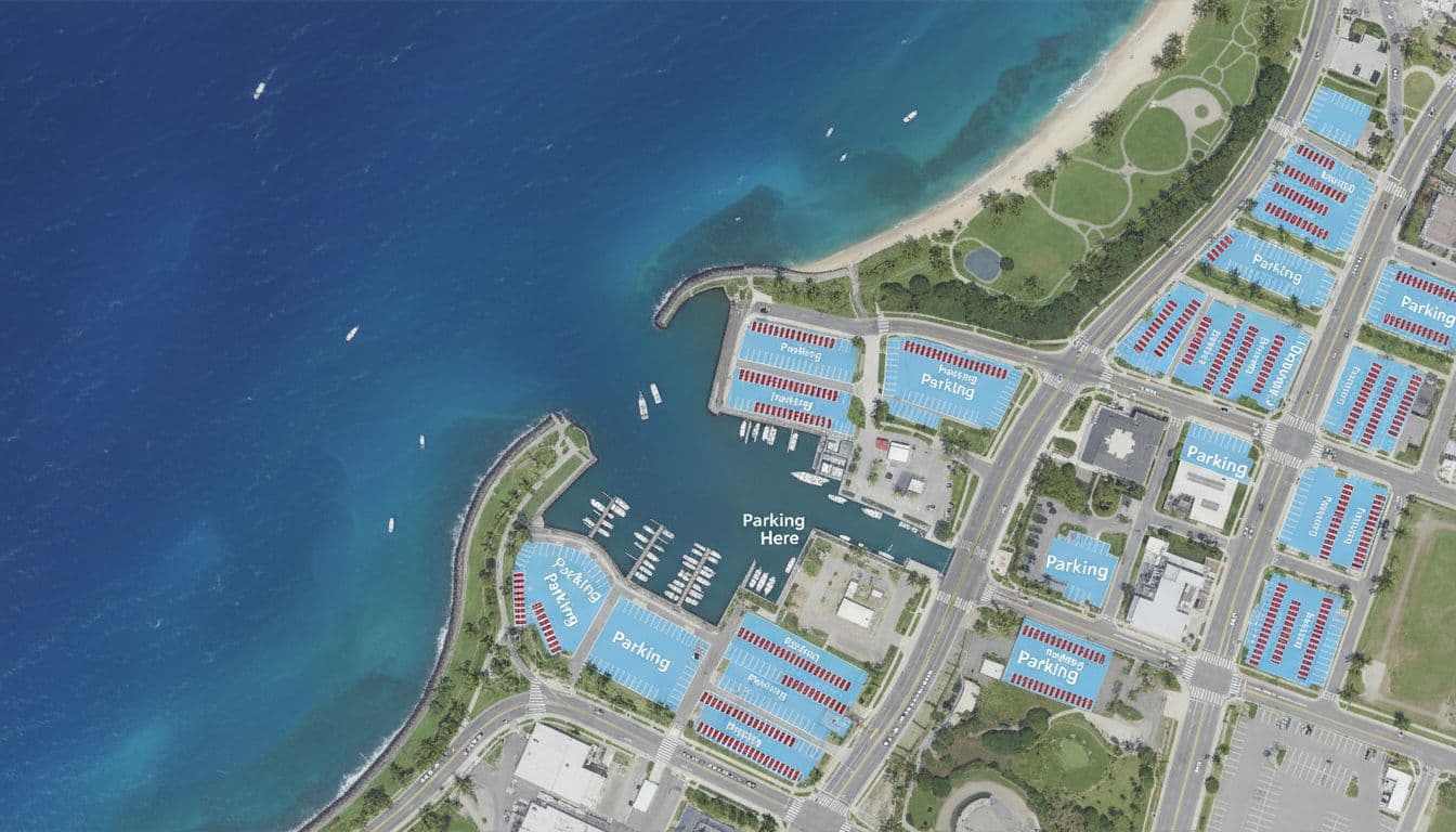 Map-like aerial overview of Ala Moana area near Kewalo Basin, highlighting parking lots and streets around the boat harbor in a clean, illustrative style.