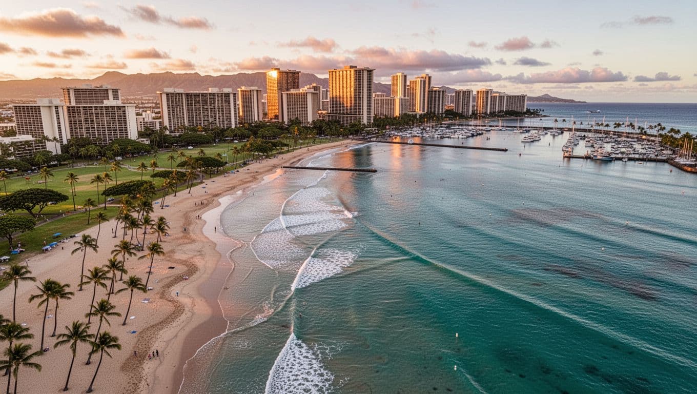 Aerial view of Ala Moana Beach Park and Kewalo Basin Harbor in Honolulu, Oahu, at sunrise, showcasing calm turquoise ocean waves, sandy beach with palm trees, and Waikiki skyline in the background in photorealistic cinematic style.