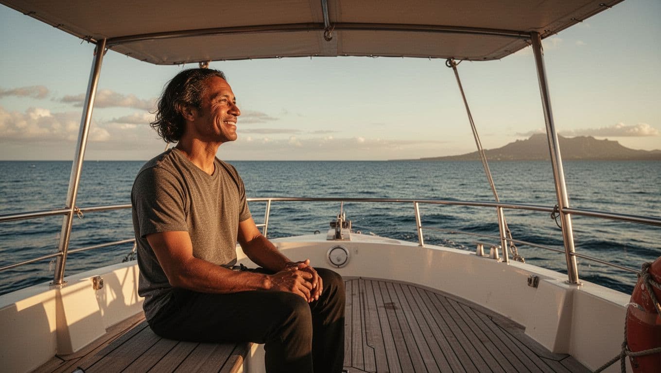 Person on shaded boat deck shifts from anxious expression to relaxed smile, gazing at calm ocean horizon near Waikiki.