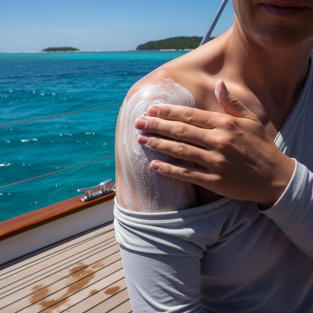 Person applies mineral sunscreen to shoulders on sunny tropical boat deck.
