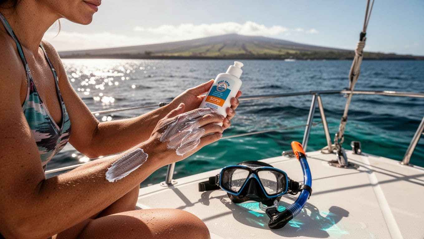 A person applies reef-safe sunscreen on a boat deck before snorkeling, with the calm Kona coast sea in the background, relaxed pose, snorkel gear nearby, cinematic style with dramatic lighting and turquoise accents.