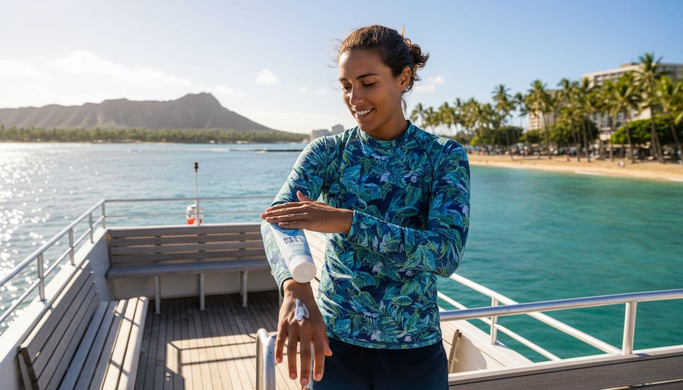 One person with sun-kissed skin applies reef-safe sunscreen on their arms on the deck of a double-decker boat at Waikiki harbor, with turquoise ocean and palm trees in the background, in a relaxed pose under natural sunlight.