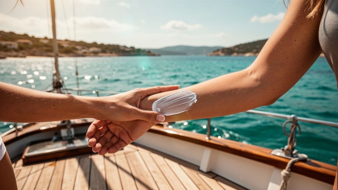 A person rubs white mineral lotion into their arm while standing on a teak deck. The bright, turquoise Hawaiian coastline remains softly blurred in the distance under warm, radiant daylight.