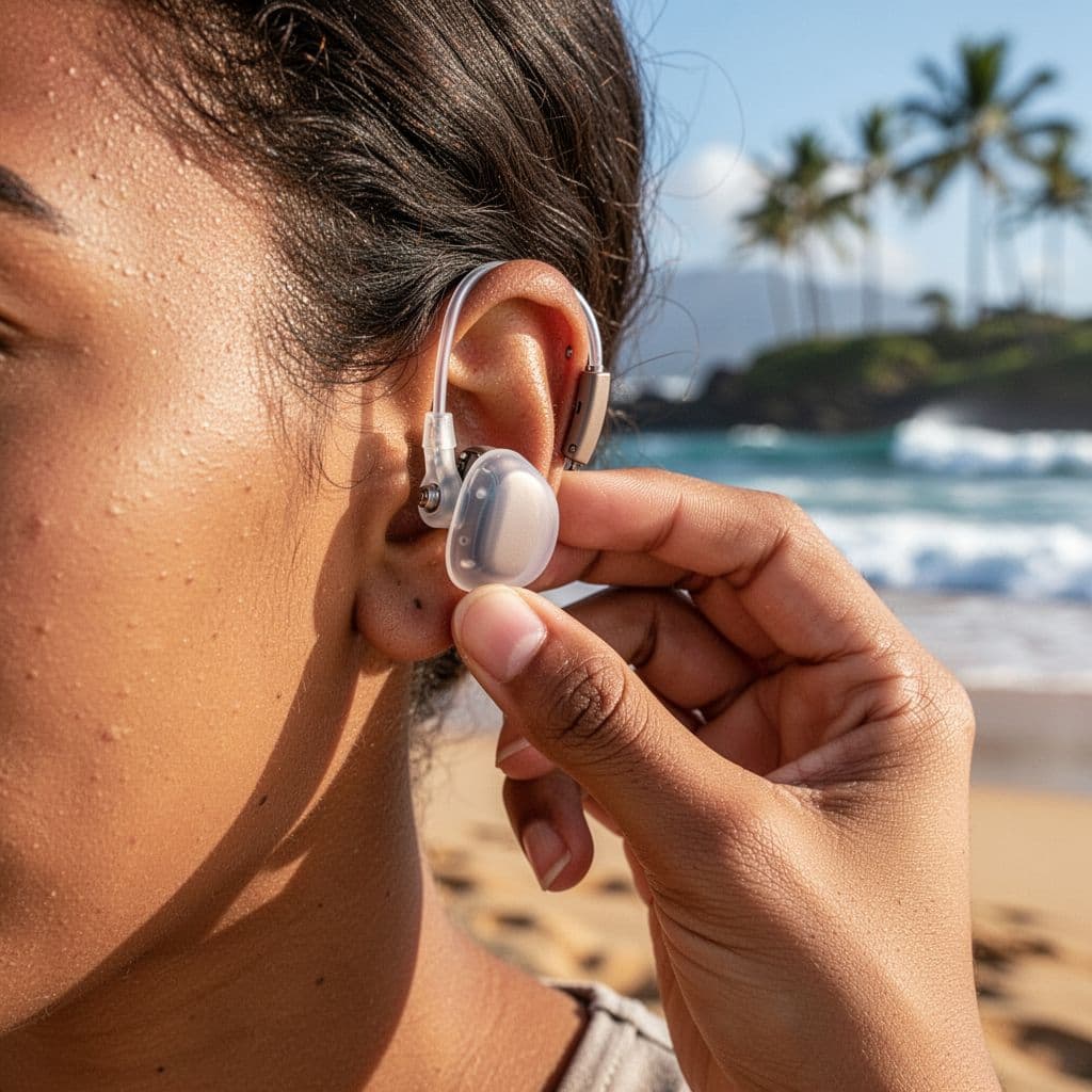 Close view of hand placing silicone cover over behind-the-ear hearing aid on person's ear with blurred beach background.