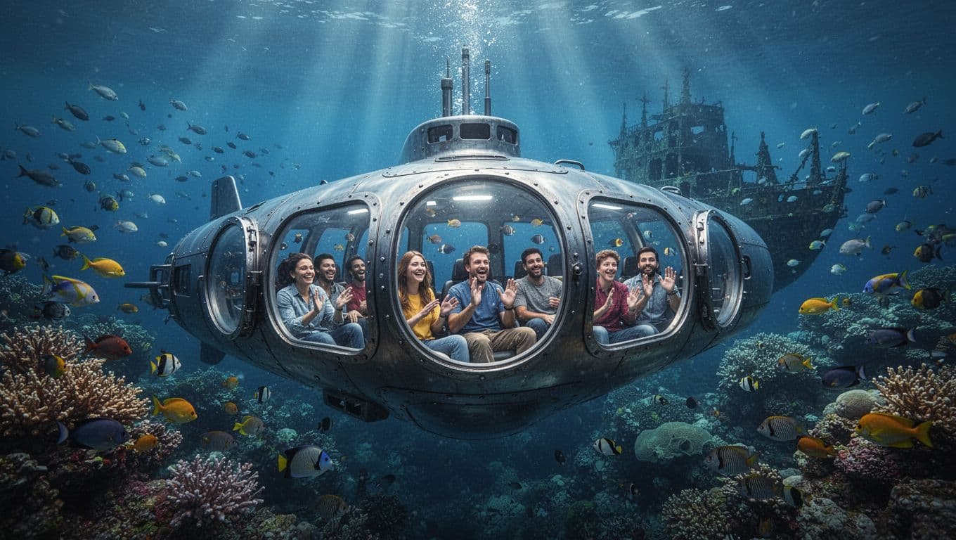 Interior view of Atlantis Submarine gliding through deep blue Waikiki waters amid colorful coral reefs, tropical fish schools, and a distant shipwreck, with six excited passengers gazing at marine life through large porthole windows.