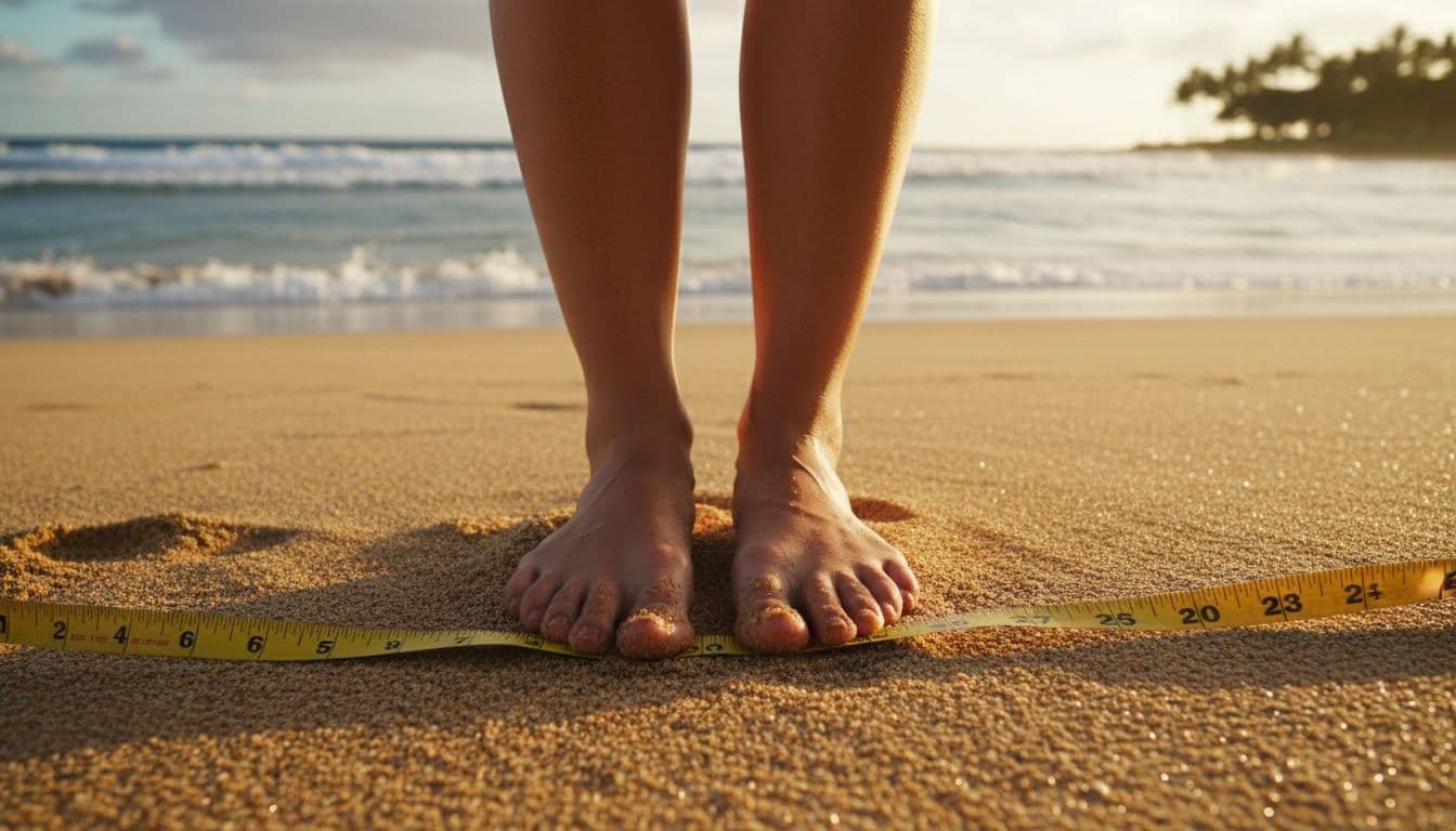 Close-up of bare feet on flexible measuring tape on sandy Oahu beach with blurred ocean waves.