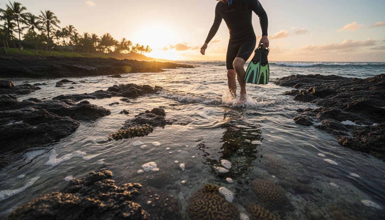 Barefoot snorkeler steps into shallow water from rocky Oahu shore, coral and rocks visible underfoot.