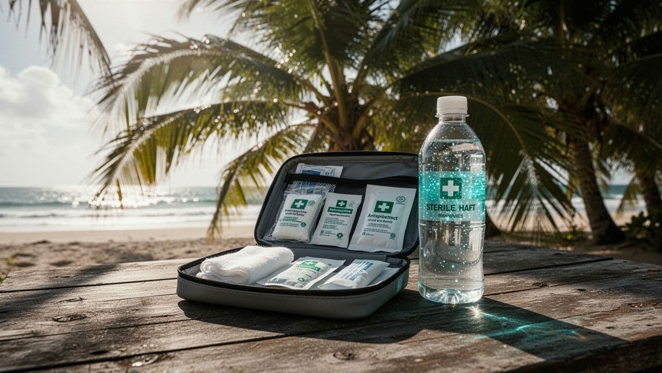 An open first aid kit with gauze and antiseptic on a wooden table with palm leaves behind it.
