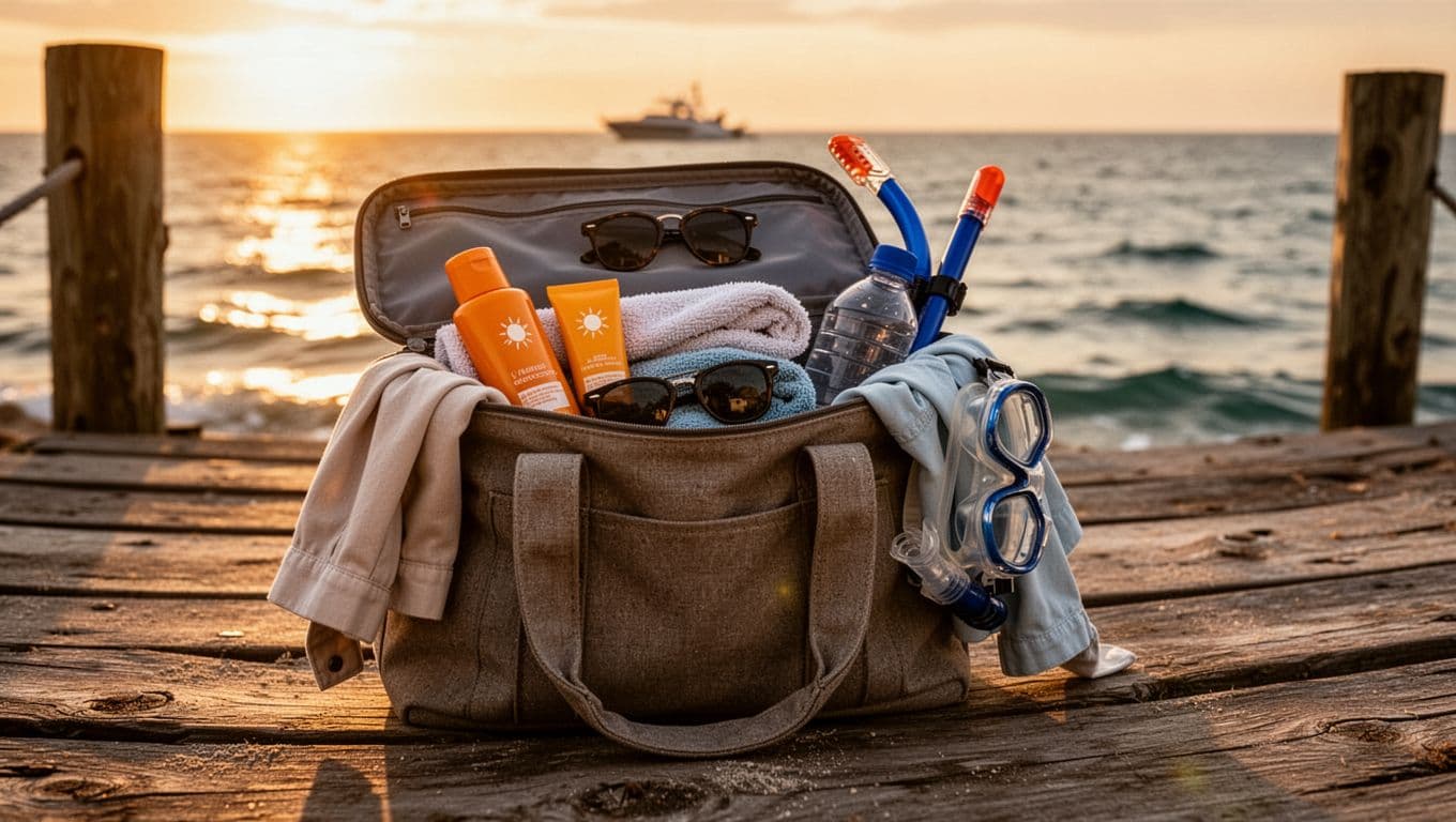 Close-up of beach tote bag on wooden dock at sunset with visible sunscreen, towel, sunglasses, water bottle, and jacket; ocean horizon and boat silhouette in background.