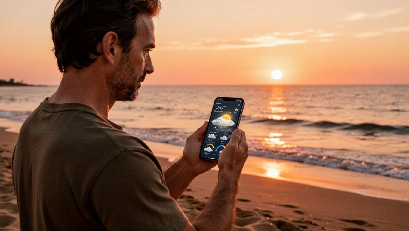 A person stands on the sandy beach during a vibrant sunset, holding a smartphone to check ocean conditions. Golden light reflects across the calm waves as they monitor marine data.