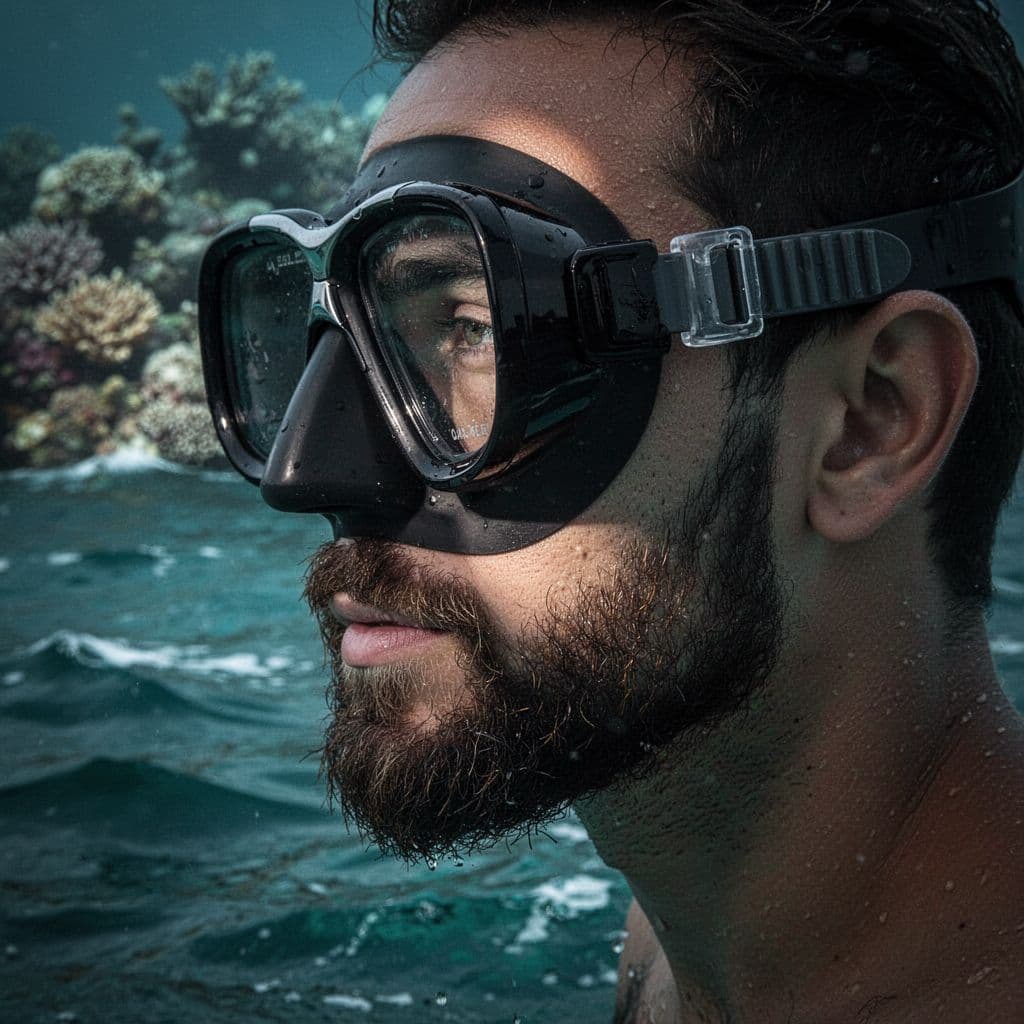 Close-up of man's short beard sealed firmly by snorkel mask skirt against blurred ocean waves and coral reef.