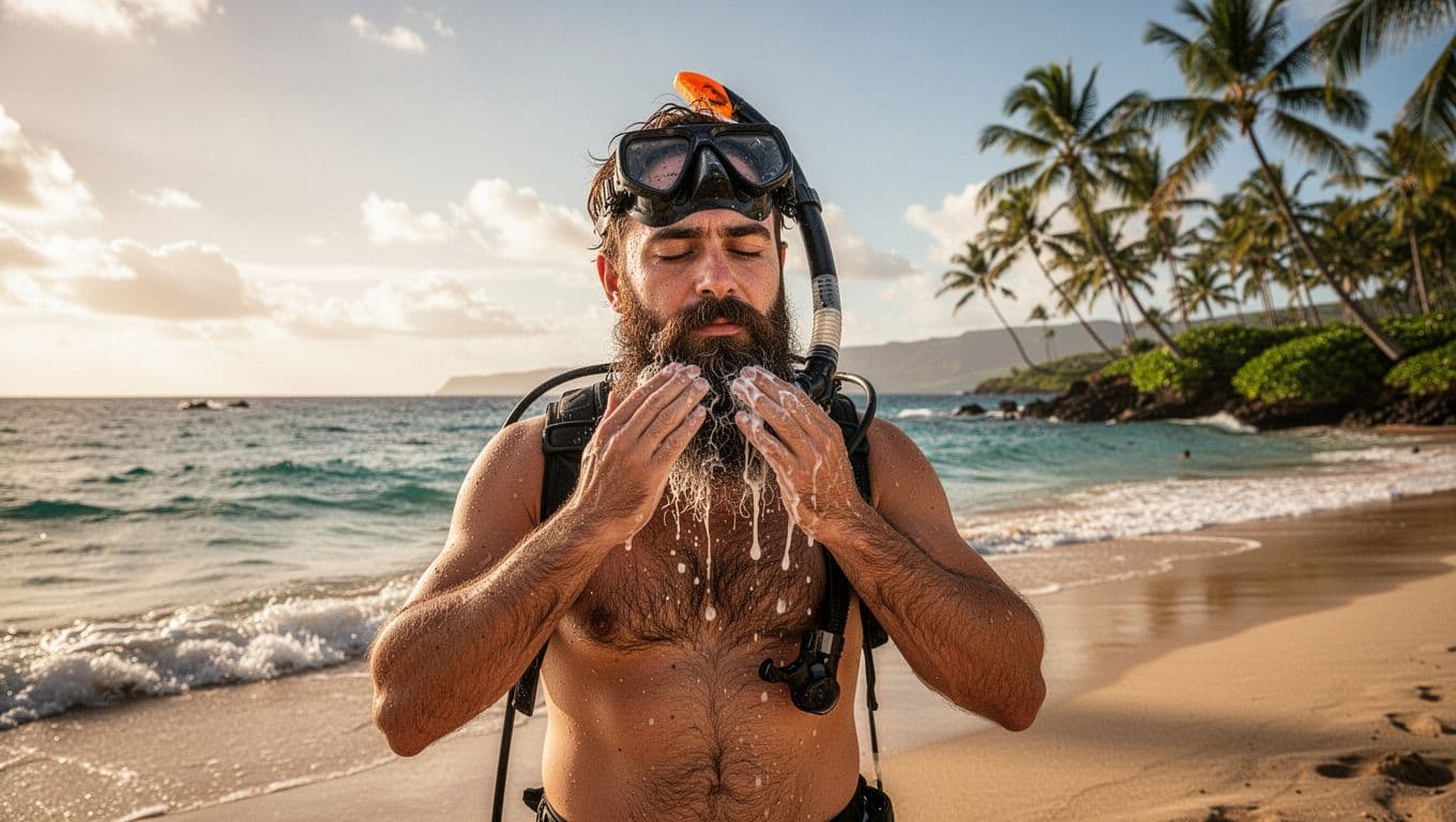 A bearded man stands on a sunny Oahu beach preparing for snorkeling by applying conditioner to his beard with relaxed hands, ocean waves and palm trees in the background, cinematic style.