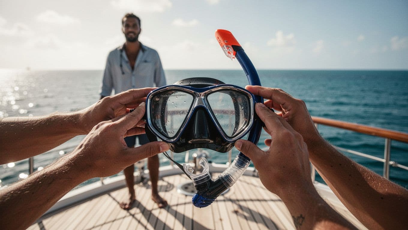 Closeup of hands adjusting a snorkel mask on a boat deck with a calm ocean horizon in the background, guide blurred nearby in a sunny tropical setting.