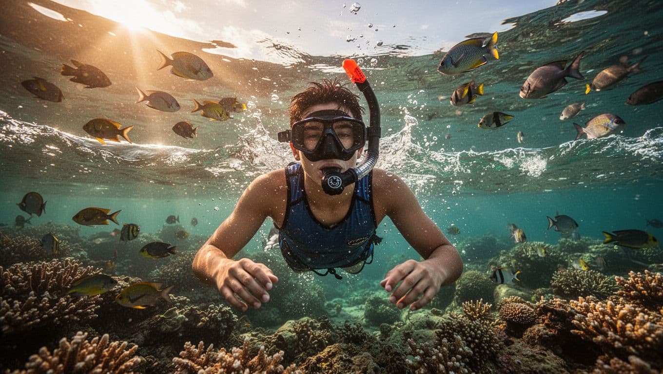 Young adult snorkeler surfaces in turquoise Oahu waters using dry snorkel valve sealing out water, colorful fish below coral reef.