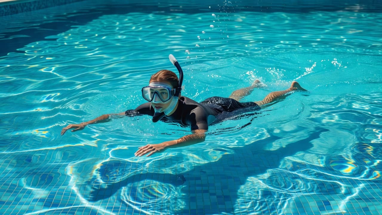 A beginner practices snorkeling in a clear turquoise swimming pool.