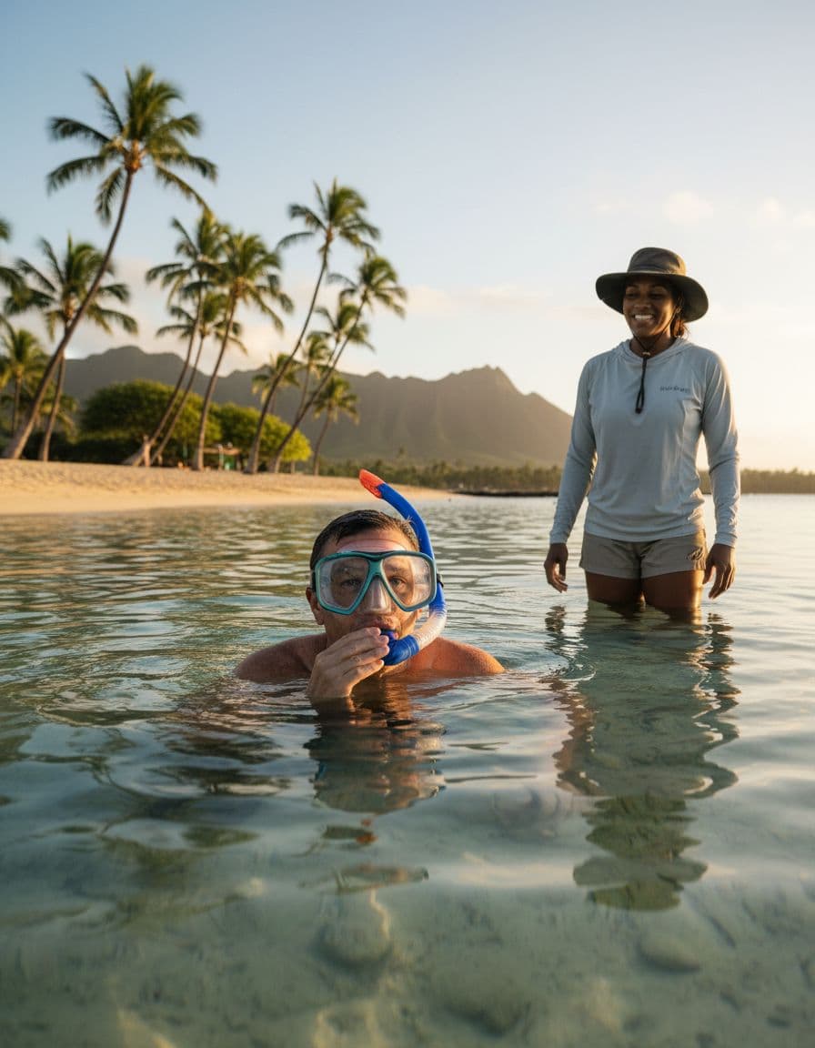 Adult beginner snorkeler practices breathing technique in shallow turquoise lagoon water with relaxed confident expression, professional guide observing nearby, Hawaii beach and palm trees background in golden hour light.